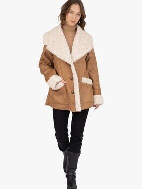 Frye Faux Shearling Coat Brown Western Oversized Womens Size S Missing Buttons